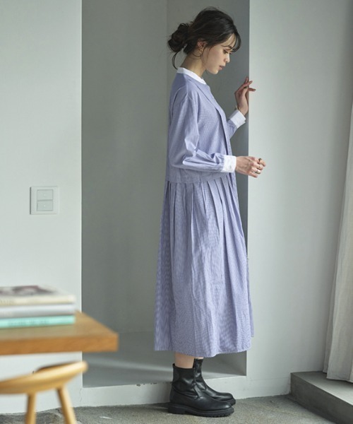 美品 DAMA バックタック切替シャツワンピース 紺 サイズL*FD931 美品 DAMA バックタック切替シャツワンピース 紺 サイズL*FD931
