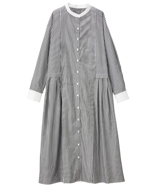 【美品】45rpm バンドカラーストライプ シャツワンピース　Aライン　タック 美品】45rpm バンドカラーストライプ シャツワンピース Aライン