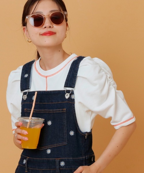 HELLO.SANFRANCISCO(ハローサンフランシスコ)の「【HELLO.SANFRANCISCO】配色ステッチパワショル裏毛プルオーバー(Tシャツ/カットソー・レディース・オレンジ/ホワイト/ブルー/ピンク・ONE SIZE)」の2枚目の写真