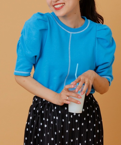 HELLO.SANFRANCISCO(ハローサンフランシスコ)の「【HELLO.SANFRANCISCO】配色ステッチパワショル裏毛プルオーバー(Tシャツ/カットソー・レディース・オレンジ/ホワイト/ブルー/ピンク・ONE SIZE)」の3枚目の写真