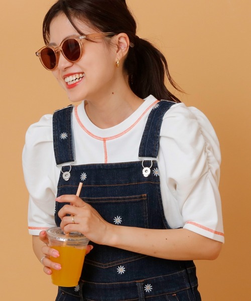 HELLO.SANFRANCISCO(ハローサンフランシスコ)の「【HELLO.SANFRANCISCO】配色ステッチパワショル裏毛プルオーバー(Tシャツ/カットソー・レディース・オレンジ/ホワイト/ブルー/ピンク・ONE SIZE)」の6枚目の写真