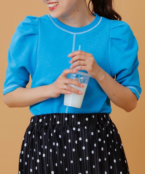 HELLO.SANFRANCISCO(ハローサンフランシスコ)の「【HELLO.SANFRANCISCO】配色ステッチパワショル裏毛プルオーバー(Tシャツ/カットソー・レディース・オレンジ/ホワイト/ブルー/ピンク・ONE SIZE)」の16枚目の写真