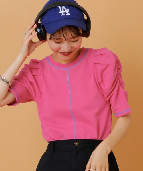 HELLO.SANFRANCISCO(ハローサンフランシスコ)の「【HELLO.SANFRANCISCO】配色ステッチパワショル裏毛プルオーバー(Tシャツ/カットソー・レディース・オレンジ/ホワイト/ブルー/ピンク・ONE SIZE)」の22枚目の写真