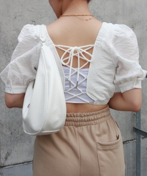 FIG&VIPER（フィグアンドバイパー）の「ボリュームスリーブレースアップTOP（Tシャツ/カットソー・レディース・イエロー/ブラック/ホワイト・FREE）」の2枚目の写真