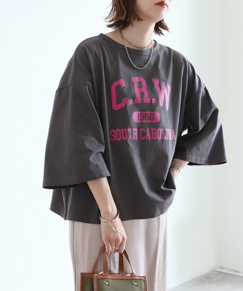 reca(レカ)の「9分袖ワイドプルオーバー(Tシャツ/カットソー・レディース・チャコールグレー/オフホワイト/グレイッシュベージュ・FREE)」の1枚目の写真
