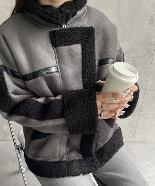 LAC-VERT（ラック・ヴェール）の「【新色登場】バイカラー配色ムートンボアジャケット（ムートンコート・レディース・ブラウン/ブラック/ダークブラウン・FREE）」の16枚目の写真