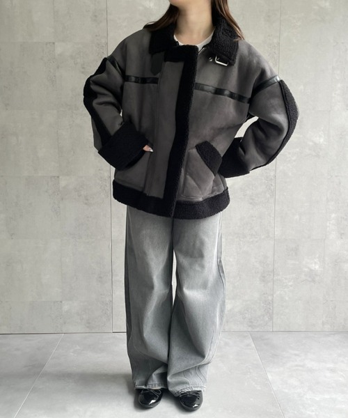 LAC-VERT（ラック・ヴェール）の「【新色登場】バイカラー配色ムートンボアジャケット（ムートンコート・レディース・ブラウン/ブラック/ダークブラウン・FREE）」の18枚目の写真