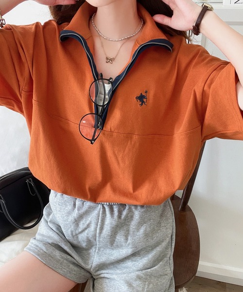 Java(ジャバ)の「《JaVa ジャバコラボ》大人のカレッジテイスト。コットン100%刺繍ハーフジップパイピングプルオーバー(Tシャツ/カットソー・レディース・オレンジ系1/グリーン系1/ホワイト系1/ブルーグレー/ベージュ系その他・MEDIUM/LARGE/SMALL/X-LARGE)」の5枚目の写真