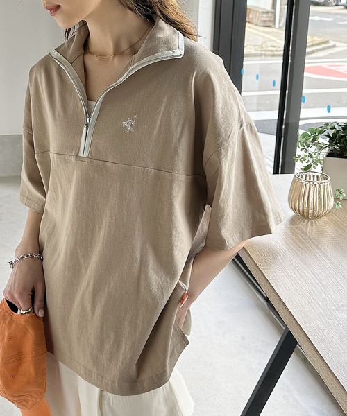 Java(ジャバ)の「《JaVa ジャバコラボ》大人のカレッジテイスト。コットン100%刺繍ハーフジップパイピングプルオーバー(Tシャツ/カットソー・レディース・オレンジ系1/グリーン系1/ホワイト系1/ブルーグレー/ベージュ系その他・MEDIUM/LARGE/SMALL/X-LARGE)」の6枚目の写真