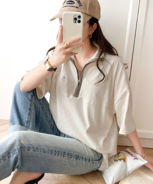 Java(ジャバ)の「《JaVa ジャバコラボ》大人のカレッジテイスト。コットン100%刺繍ハーフジップパイピングプルオーバー(Tシャツ/カットソー・レディース・オレンジ系1/グリーン系1/ホワイト系1/ブルーグレー/ベージュ系その他・MEDIUM/LARGE/SMALL/X-LARGE)」の10枚目の写真