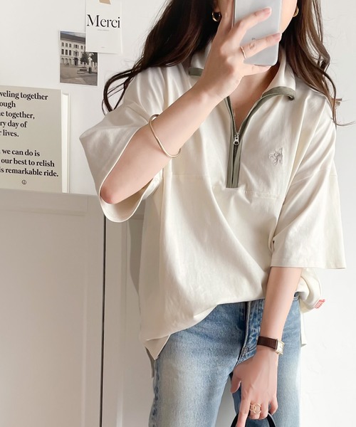 Java(ジャバ)の「《JaVa ジャバコラボ》大人のカレッジテイスト。コットン100%刺繍ハーフジップパイピングプルオーバー(Tシャツ/カットソー・レディース・オレンジ系1/グリーン系1/ホワイト系1/ブルーグレー/ベージュ系その他・MEDIUM/LARGE/SMALL/X-LARGE)」の11枚目の写真