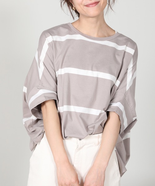aity(アイティ)の「ボーダービッグプルオーバーTシャツ(Tシャツ/カットソー・レディース・ベージュ/ラベンダー/オフホワイト/ブラック・M)」の3枚目の写真