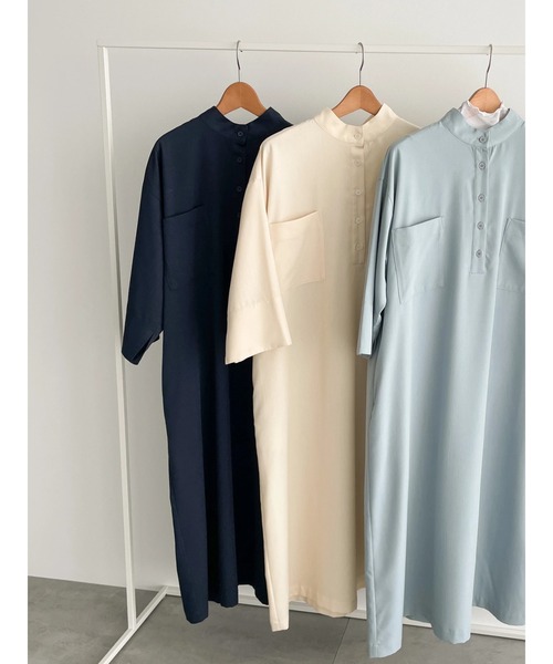 Lugnoncure（ルノンキュール）の「ハイネックシャツワンピース（ワンピース・レディース・オフホワイト/ネイビー/サックスブルー・ﾌﾘ-）」の2枚目の写真