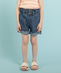 センターボタンデザインウエストフリルデニムショートパンツ