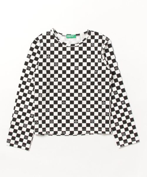 BENETTON (UNITED COLORS OF BENETTON)（ベネトンユナイテッドカラーズオブベネトン）の「キッズブロックチェックストレッチジャージー長袖Tシャツ・カットソーG（Tシャツ/カットソー・キッズ・ホワイト×ブラック・LARGE/MEDIUM/SMALL/XX-LARGE/X-LARGE）」の3枚目の写真