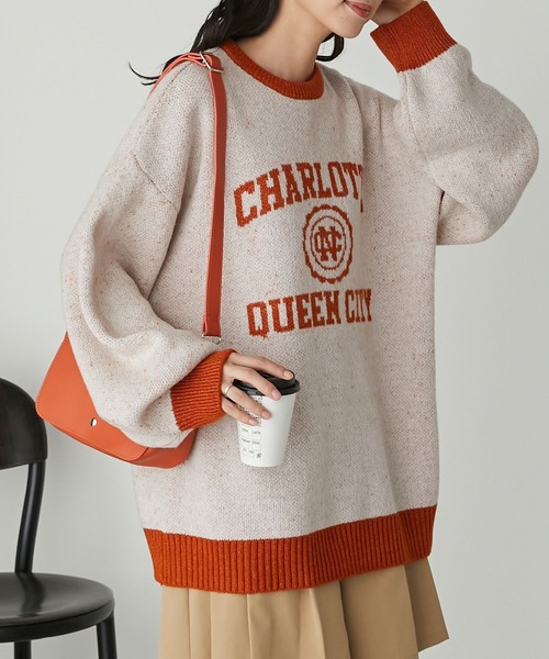 BONLECILL（ボンルシール）の「配色リンガー ロゴジャガード ルーズニットプルオーバー（ニット/セーター・レディース・グレー/アイボリー/ネイビー・FREE）」の7枚目の写真