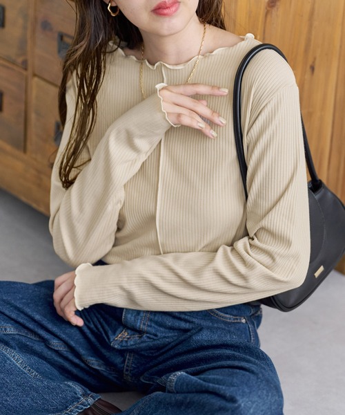 DISCOAT（ディスコート）の「【前後2WAY】配色リブメローロングスリーブ（Tシャツ/カットソー・レディース・サックスブルー/ブラック/ライトグレー/アイボリー・FREE）」の3枚目の写真