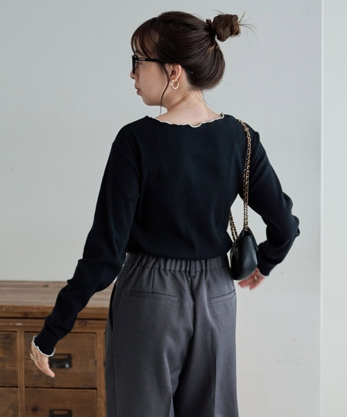 DISCOAT（ディスコート）の「【前後2WAY】配色リブメローロングスリーブ（Tシャツ/カットソー・レディース・サックスブルー/ブラック/ライトグレー/アイボリー・FREE）」の20枚目の写真