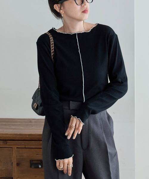 DISCOAT（ディスコート）の「【前後2WAY】配色リブメローロングスリーブ（Tシャツ/カットソー・レディース・サックスブルー/ブラック/ライトグレー/アイボリー・FREE）」の22枚目の写真