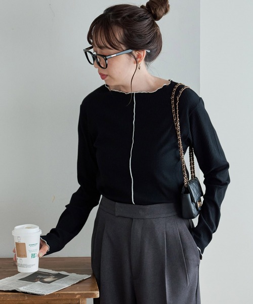 DISCOAT（ディスコート）の「【前後2WAY】配色リブメローロングスリーブ（Tシャツ/カットソー・レディース・サックスブルー/ブラック/ライトグレー/アイボリー・FREE）」の21枚目の写真