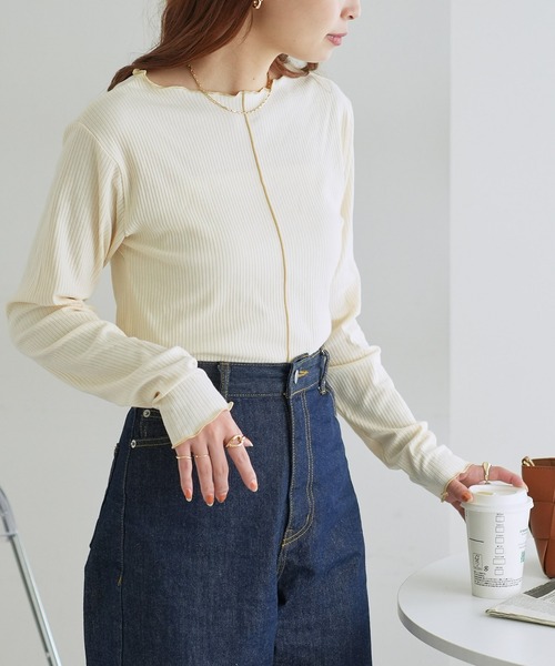 DISCOAT（ディスコート）の「【前後2WAY】配色リブメローロングスリーブ（Tシャツ/カットソー・レディース・サックスブルー/ブラック/ライトグレー/アイボリー・FREE）」の13枚目の写真