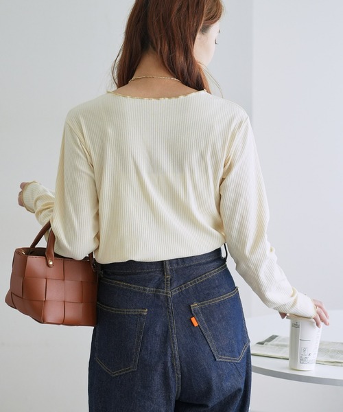 DISCOAT（ディスコート）の「【前後2WAY】配色リブメローロングスリーブ（Tシャツ/カットソー・レディース・サックスブルー/ブラック/ライトグレー/アイボリー・FREE）」の10枚目の写真