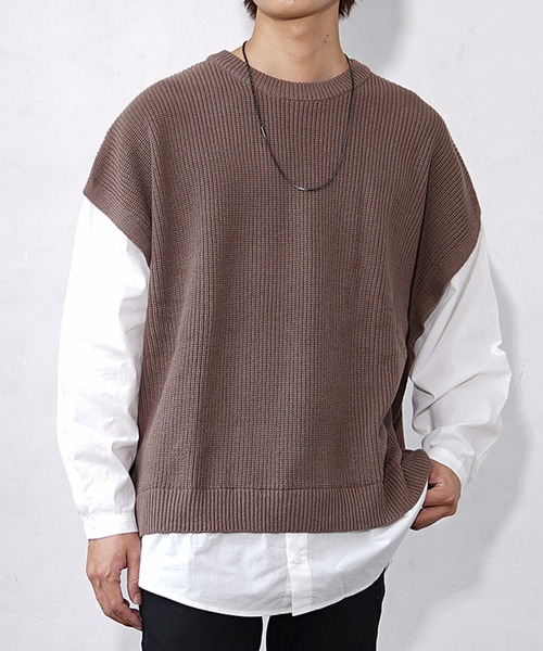 MinoriTY（マイノリティ）の「【MinoriTY】ドッキングオーバーサイズシャツレイヤードニット セーター メンズ 春服 冬服（ニット/セーター・メンズ・モカ/ブルーグレー/チャコールグレー・M/L）」の3枚目の写真