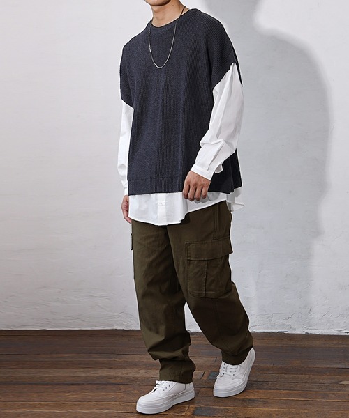 MinoriTY（マイノリティ）の「【MinoriTY】ドッキングオーバーサイズシャツレイヤードニット セーター メンズ 春服 冬服（ニット/セーター・メンズ・モカ/ブルーグレー/チャコールグレー・M/L）」の19枚目の写真