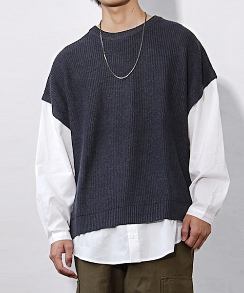 MinoriTY（マイノリティ）の「【MinoriTY】ドッキングオーバーサイズシャツレイヤードニット セーター メンズ 春服 冬服（ニット/セーター・メンズ・モカ/ブルーグレー/チャコールグレー・M/L）」の20枚目の写真