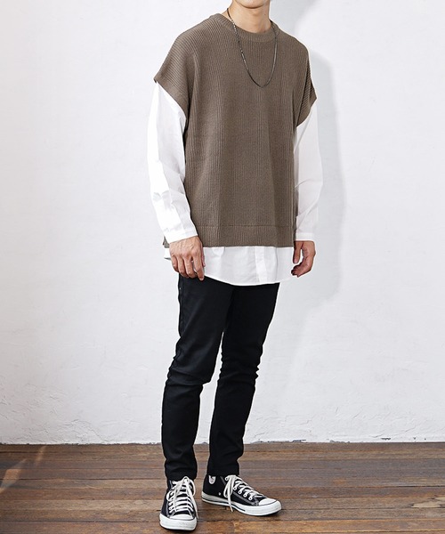 MinoriTY（マイノリティ）の「【MinoriTY】ドッキングオーバーサイズシャツレイヤードニット セーター メンズ 春服 冬服（ニット/セーター・メンズ・モカ/ブルーグレー/チャコールグレー・M/L）」の13枚目の写真