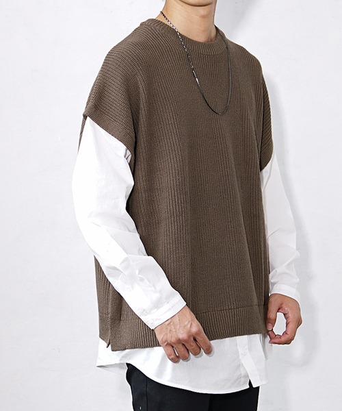 MinoriTY（マイノリティ）の「【MinoriTY】ドッキングオーバーサイズシャツレイヤードニット セーター メンズ 春服 冬服（ニット/セーター・メンズ・モカ/ブルーグレー/チャコールグレー・M/L）」の15枚目の写真