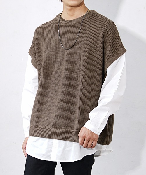 MinoriTY（マイノリティ）の「【MinoriTY】ドッキングオーバーサイズシャツレイヤードニット セーター メンズ 春服 冬服（ニット/セーター・メンズ・モカ/ブルーグレー/チャコールグレー・M/L）」の14枚目の写真