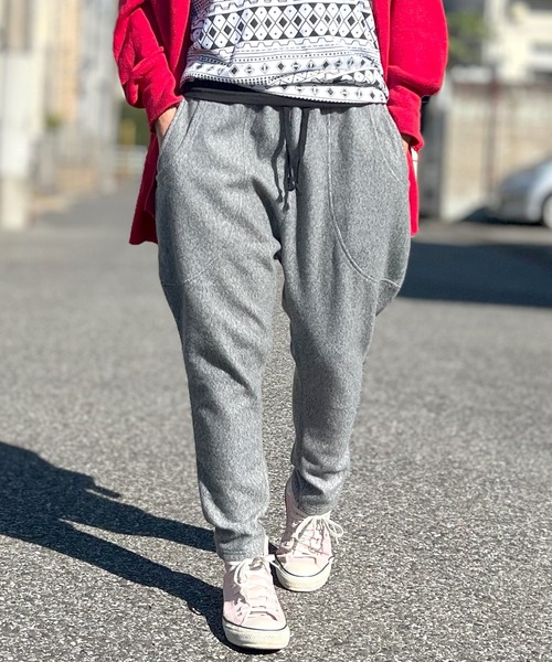 セール】ウール調 裏起毛 サルエルパンツ ツイード テーパード