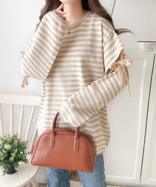 セール】【mily bilet】旬な大人フェミニン。リボン使いボーダーニット