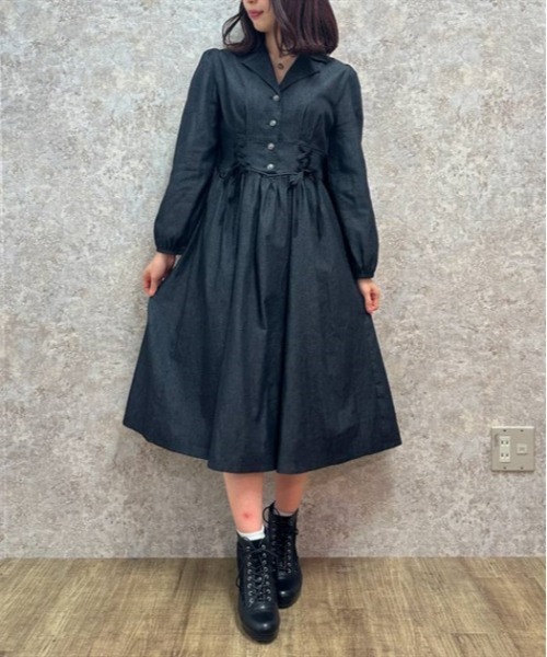 axes femme（アクシーズファム）の「ダブルレースアップデニムワンピース（ワンピース・レディース・ワンウォッシュ/ブラック/インディゴブルー・FREE）」の2枚目の写真