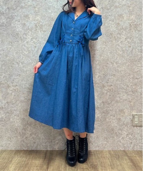axes femme（アクシーズファム）の「ダブルレースアップデニムワンピース（ワンピース・レディース・ワンウォッシュ/ブラック/インディゴブルー・FREE）」の4枚目の写真