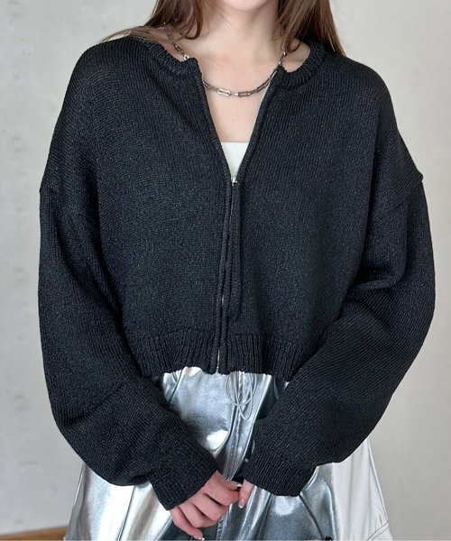 Per sist ence(パーシエンス)の「ラメリリーヤーンニットジップカーデ(カーディガン/ボレロ・レディース・アイボリー/ブラック/グレー/チャコールグレー/ブルー/シルバー・FREE)」の1枚目の写真