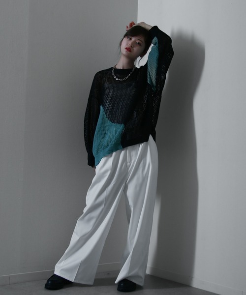 NILWAY(ニルウェイ)の「透かし編み プルオーバー メッシュ オーバーサイズ ニット(Tシャツ/カットソー・レディース・ブラック/アイボリー/ライトブルー/ブラック系その他/アイボリー系/ネイビー系/レッド・MEDIUM/LARGE)」の19枚目の写真