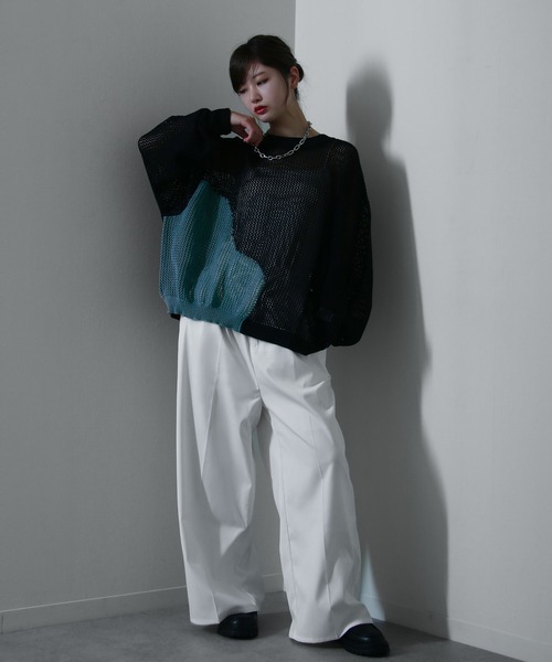 NILWAY(ニルウェイ)の「透かし編み プルオーバー メッシュ オーバーサイズ ニット(Tシャツ/カットソー・レディース・ブラック/アイボリー/ライトブルー/ブラック系その他/アイボリー系/ネイビー系/レッド・MEDIUM/LARGE)」の21枚目の写真