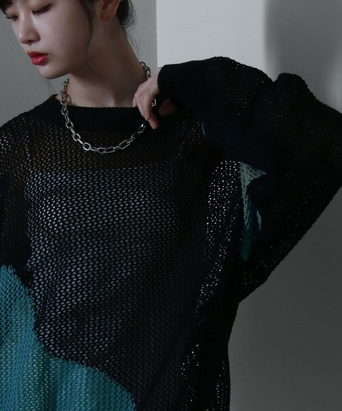 NILWAY(ニルウェイ)の「透かし編み プルオーバー メッシュ オーバーサイズ ニット(Tシャツ/カットソー・レディース・ブラック/アイボリー/ライトブルー/ブラック系その他/アイボリー系/ネイビー系/レッド・MEDIUM/LARGE)」の14枚目の写真