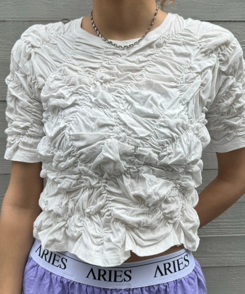 forget-me-nots(フォーゲットミーノッツ)の「シャーリング トップス FMN-24SS-CS-003(Tシャツ/カットソー・レディース・ホワイト/チャコールグレー・FREE)」の10枚目の写真