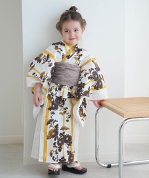 utatane | キッズ浴衣3点セット ニコアンティーク からしのバンブーストライプと菊影絵(浴衣)