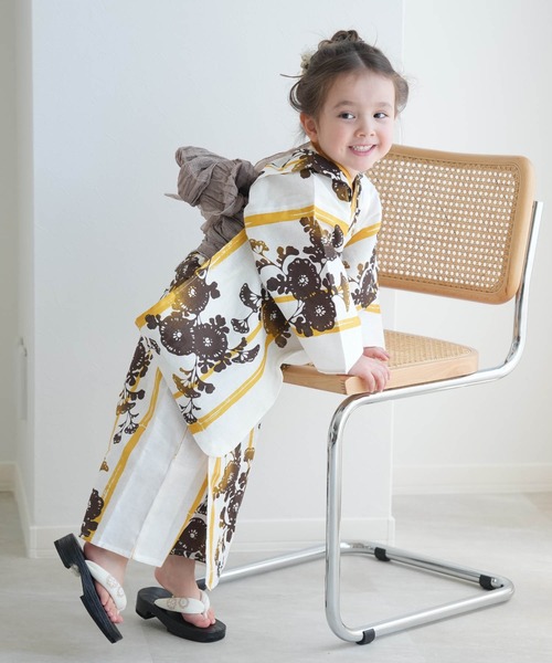 utatane（ウタタネ）の「キッズ浴衣3点セット ニコアンティーク からしのバンブーストライプと菊影絵（浴衣・キッズ・イエロー・100cm/110cm/120cm/130cm）」の3枚目の写真