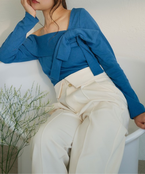 fupel（フぺル）の「One shoulder ribbon design tops / ワンショルダーリボンデザイントップス（Tシャツ/カットソー・レディース・ライトブルー/ブラック・FREE）」の15枚目の写真