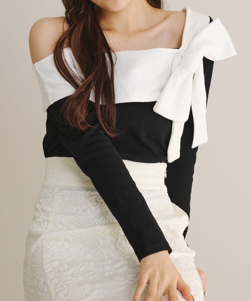 fupel（フぺル）の「One shoulder ribbon design tops / ワンショルダーリボンデザイントップス（Tシャツ/カットソー・レディース・ライトブルー/ブラック・FREE）」の18枚目の写真