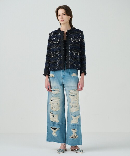 ビジューラインツイードジャケット（ノーカラージャケット