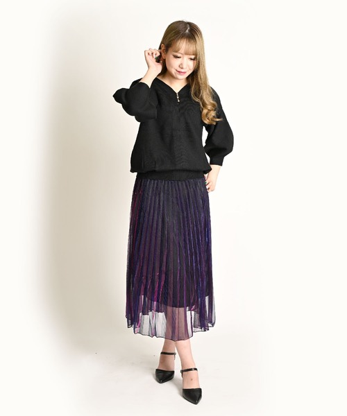 MARAI(マーライ)の「2WAY ぽわん袖 五分袖 Vネック ニットトップス(ニット/セーター・レディース・パープル/ホワイト/ブラック/ブラウン/グリーン・FREE)」の9枚目の写真