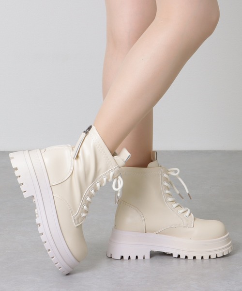 レザー調 ラウンドトゥ レースアップ ショート ブーツ（ブーツ）｜Lace