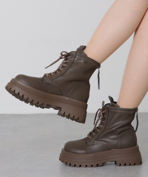 セール】レザー調 ラウンドトゥ レースアップ ショート ブーツ（ブーツ