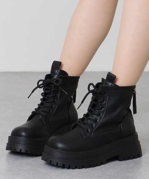 セール】レザー調 ラウンドトゥ レースアップ ショート ブーツ（ブーツ